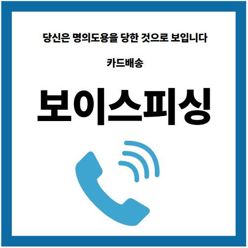 "당신은 명의도용을 당한 것으로 보입니다. 카드배송 보이스피싱" 이라는 텍스트 아래로 파란 전화 수화기와 통화중 무늬가 있는 이미지