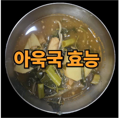 아욱국 효능 텍스트가 가운데 있고, 그 아래로 스테인레스 국대접에 담긴 아욱국 이미지