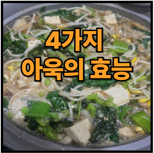 아욱국 사진 바탕으로 4가지 아욱의 효능이라는 텍스트가 있는 이미지